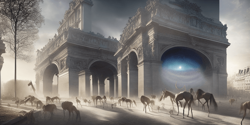 AI generated: Hyper realistic eye level of an apocalipse led by unicorns in Paris, daylight, indirect lighting, AD...