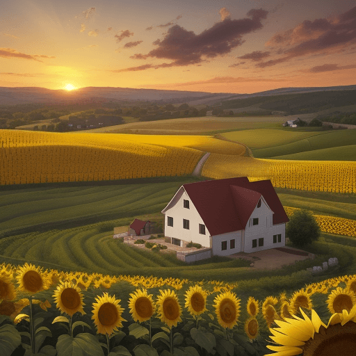 AI generated: a farm house on a hill, at sunset, surrounded by sunflower fields