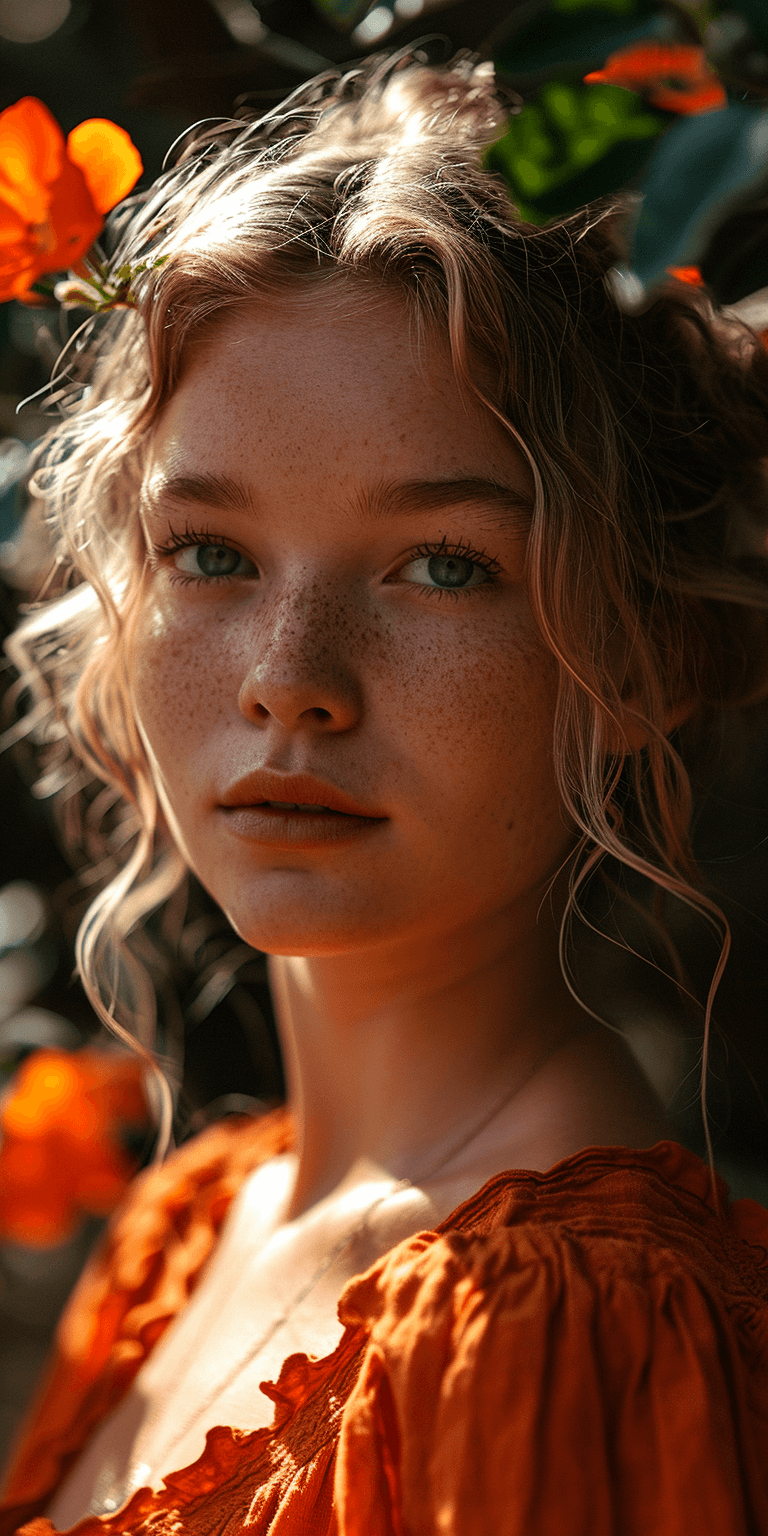 AI generated: a picture of a beautiful girl in a portrait, in the style of mote kei, light orange and light beige,...