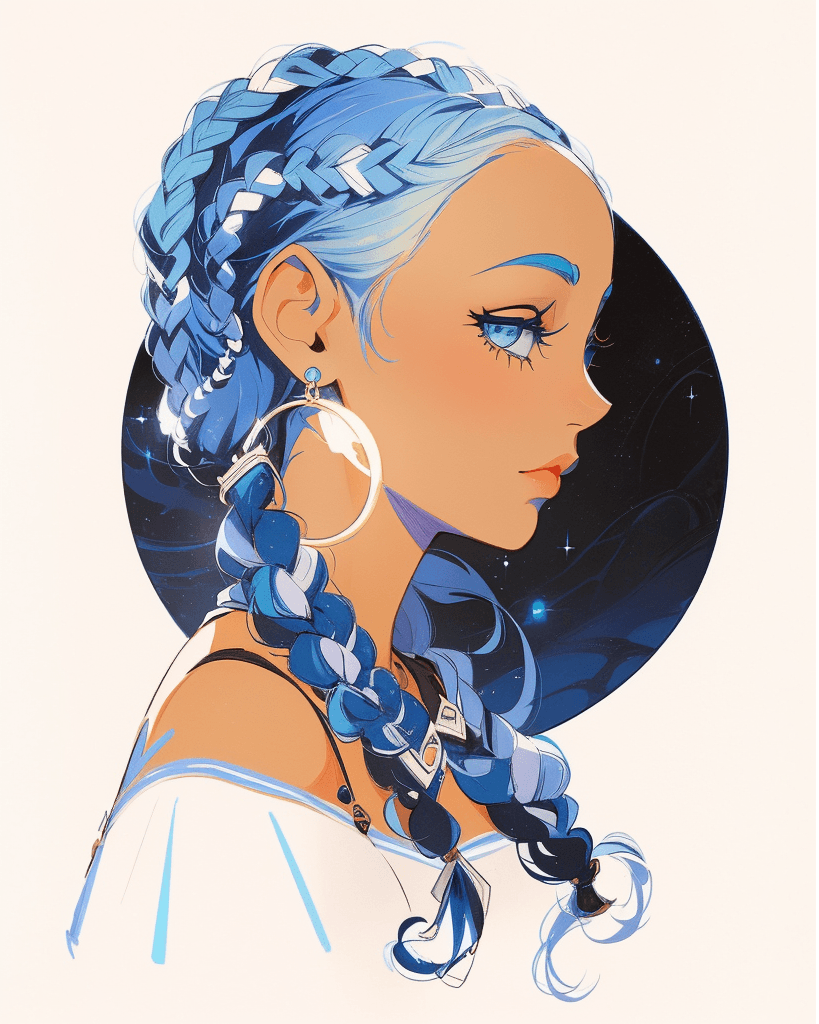 AI generated: a drawing of a woman with blue hair, inspired by Charlie Bowater, tumblr, afrofuturism, white braids...