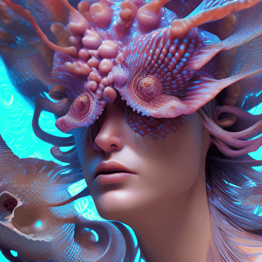 AI generated: Goddess close-up portrait ribcagel. jellyfish phoenix head, nautilus, orchid, skull, betta fish, bio...
