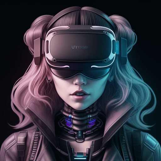 AI generated: A cyber punk woman bust facing forwards with a vr headset on with a crazy look and slightly wavy hai...