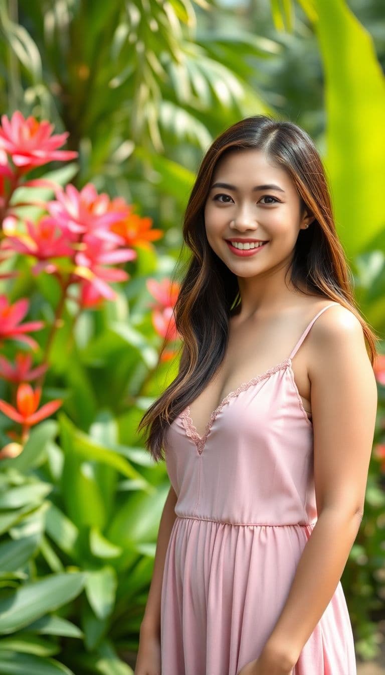 AI generated: A head to knee photo of a Filipino woman, mid 30s, with brown hair, wearing a low-cut summer dress,,...