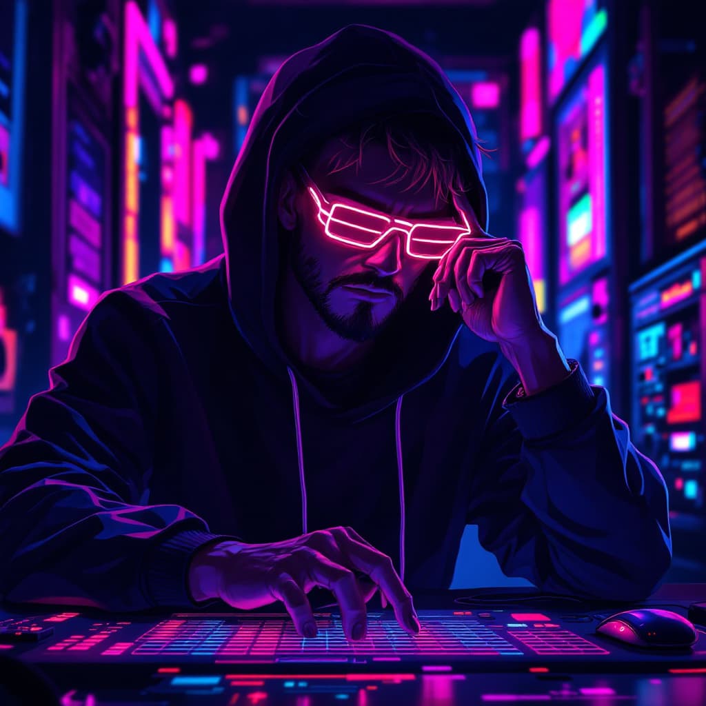 AI generated: anime
black
pc
phonk
red
badass
glasses
neoncolors
neonlights
wallpaper
