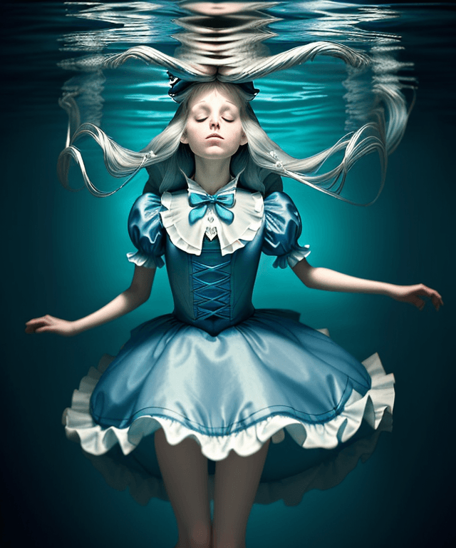 AI generated: Please create a depiction of an adult version of Alice from "Alice in Wonderland" wearing her classi...
