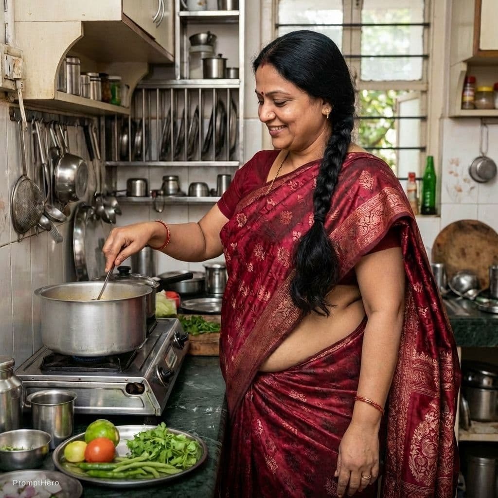 AI generated: An indian milf with long braid showing her navel