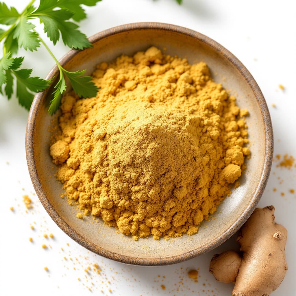 AI generated: Ginger powder in a bowl with some ginger and curry leaves on a white background, realistic, with sha...