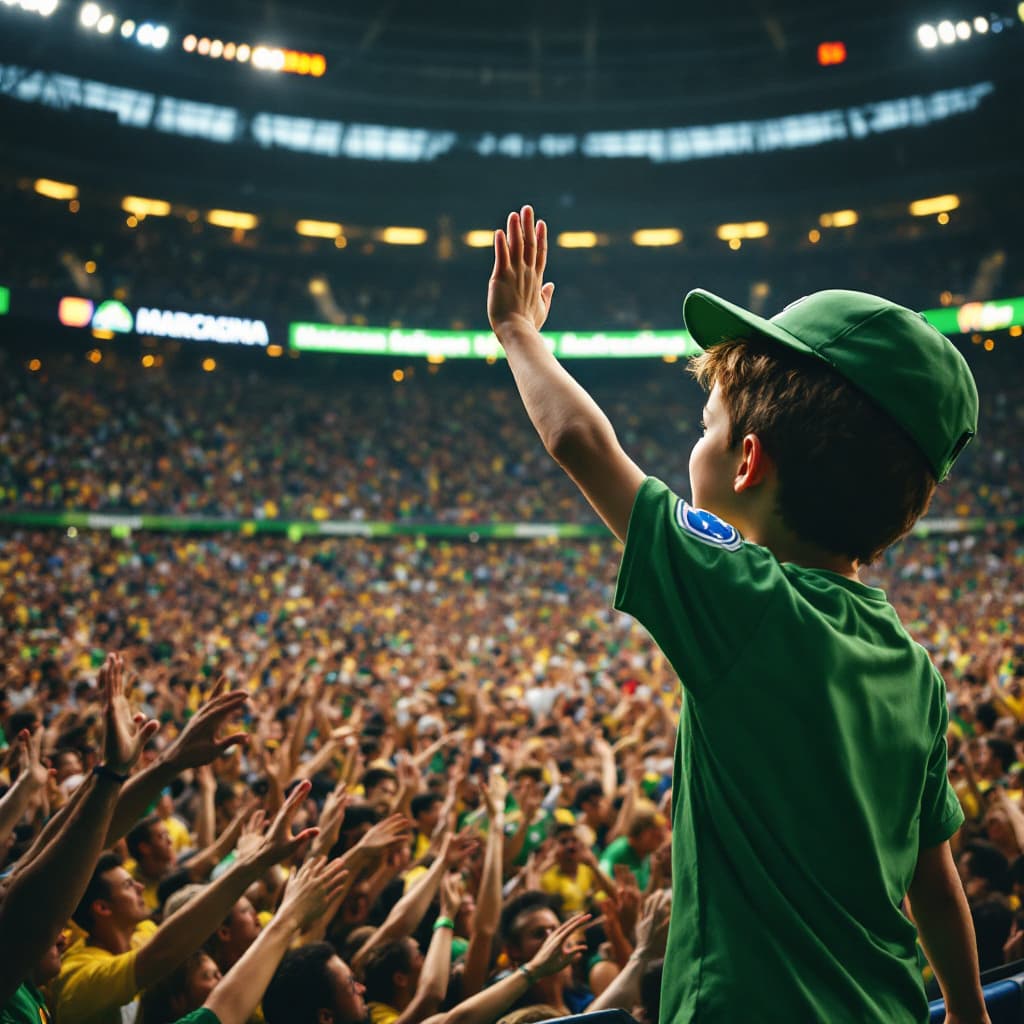 AI generated: Generate a realistic image of a young boy wearing a green white greet clothing waving his right hand...