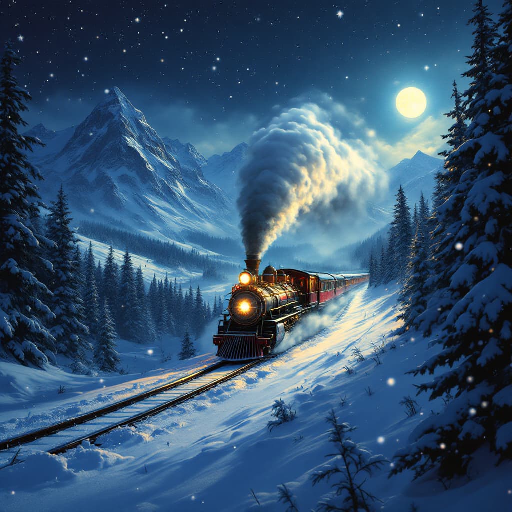 AI generated: An epic winter landscape at night, with a magical steam train speeding through a vast snowy wilderne...