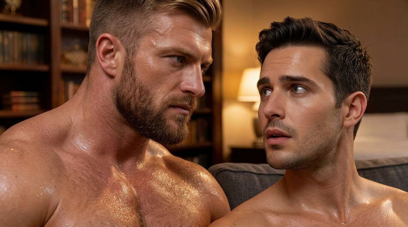 AI generated: The scene is on the couch in the bedroom.
The bodybuilder is shirtless. 

The  bodybuilder is tall, ...