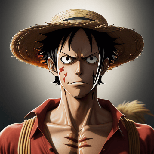 AI generated: Monkey D. Luffy, one piece anime, X-shaped scar on his chest, Straw Hat, symmetrical body, portrait,...