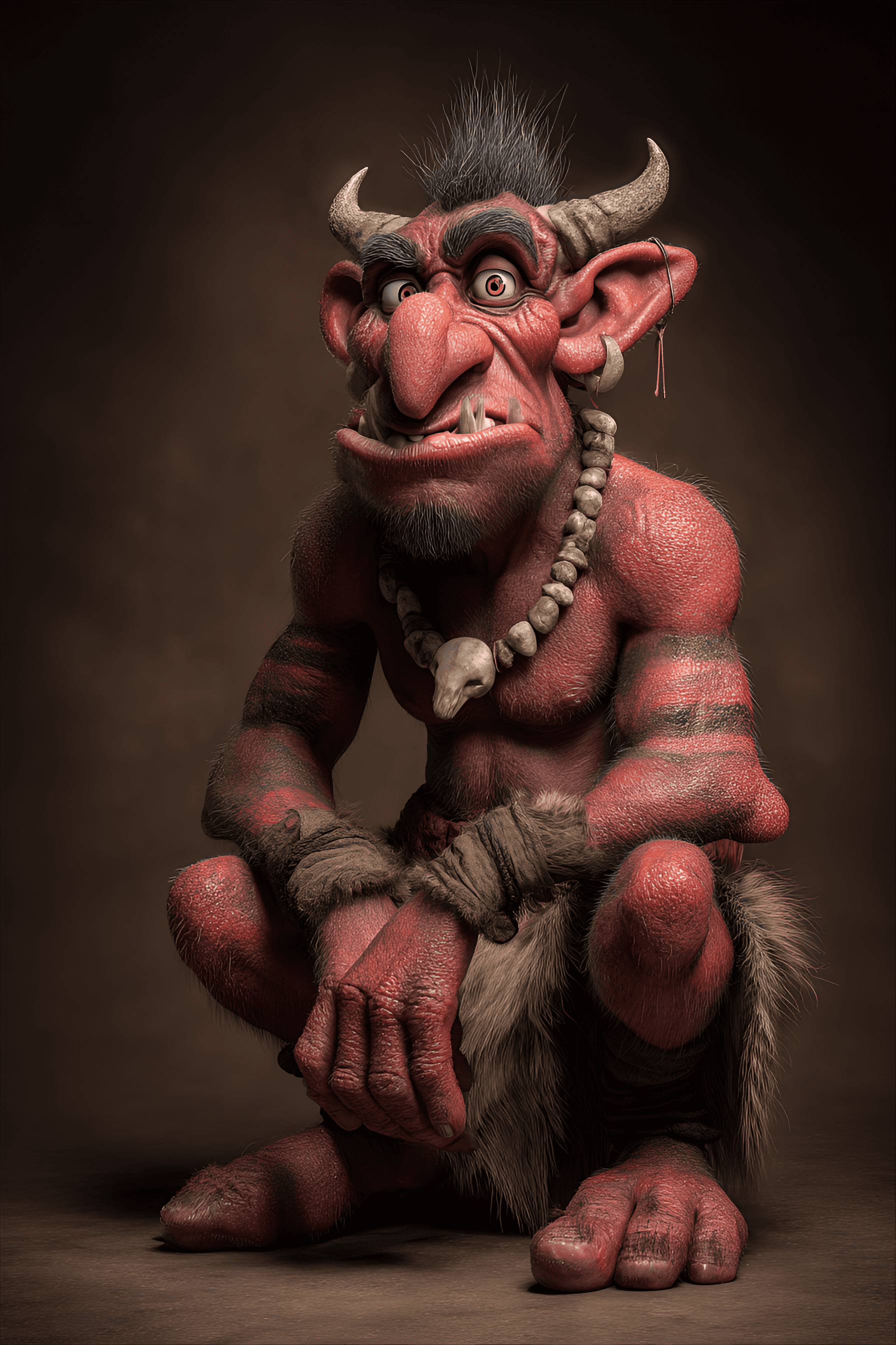 AI generated: funny caricature, tribal demon caricature, fictional red demon, ageless, red skin, horned, feral eye...