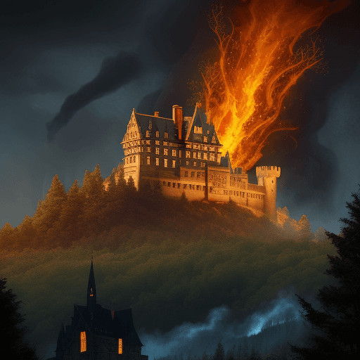 AI generated: the letter A in the foreground composed of fire, castle in background, in the forest