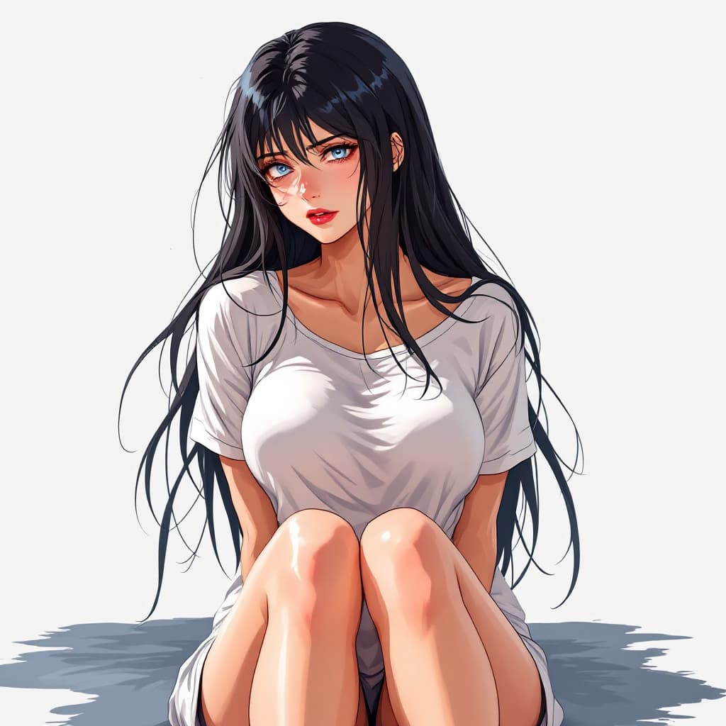 AI generated: Brooke monk,shy expression,feet,big chest,bare feet,hands behind,blue eyes,bare legs,wet white t shi...