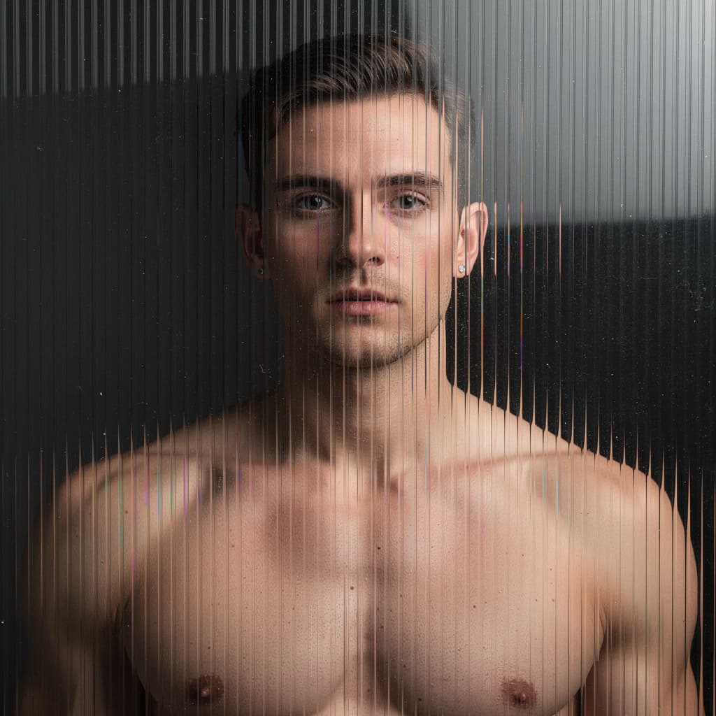 AI generated: high resolution photography, front central profile, man facing front, gaze to front, shirtless, phot...