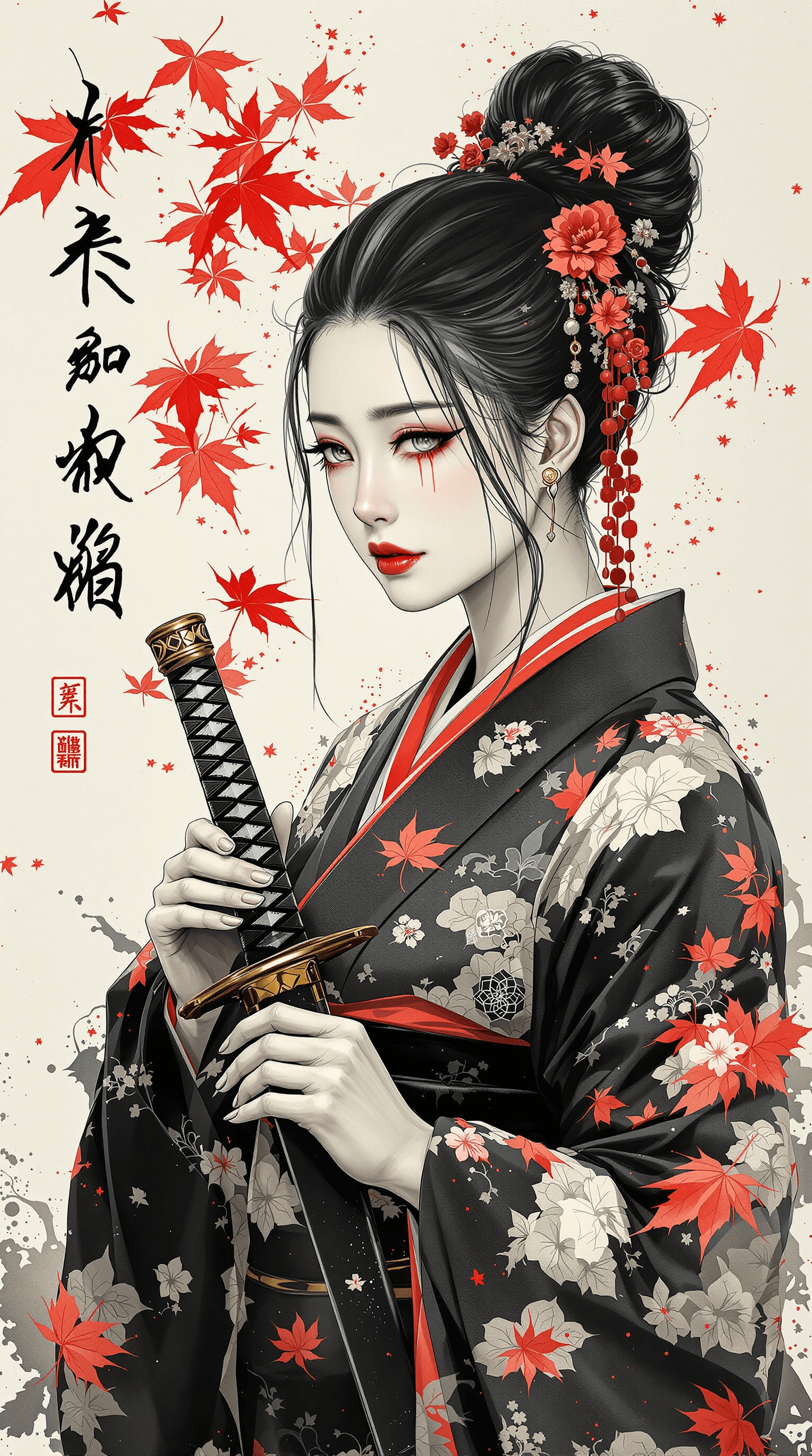 AI generated: A beautifully detailed ink-style portrait of a solemn samurai woman, blending realism and traditiona...