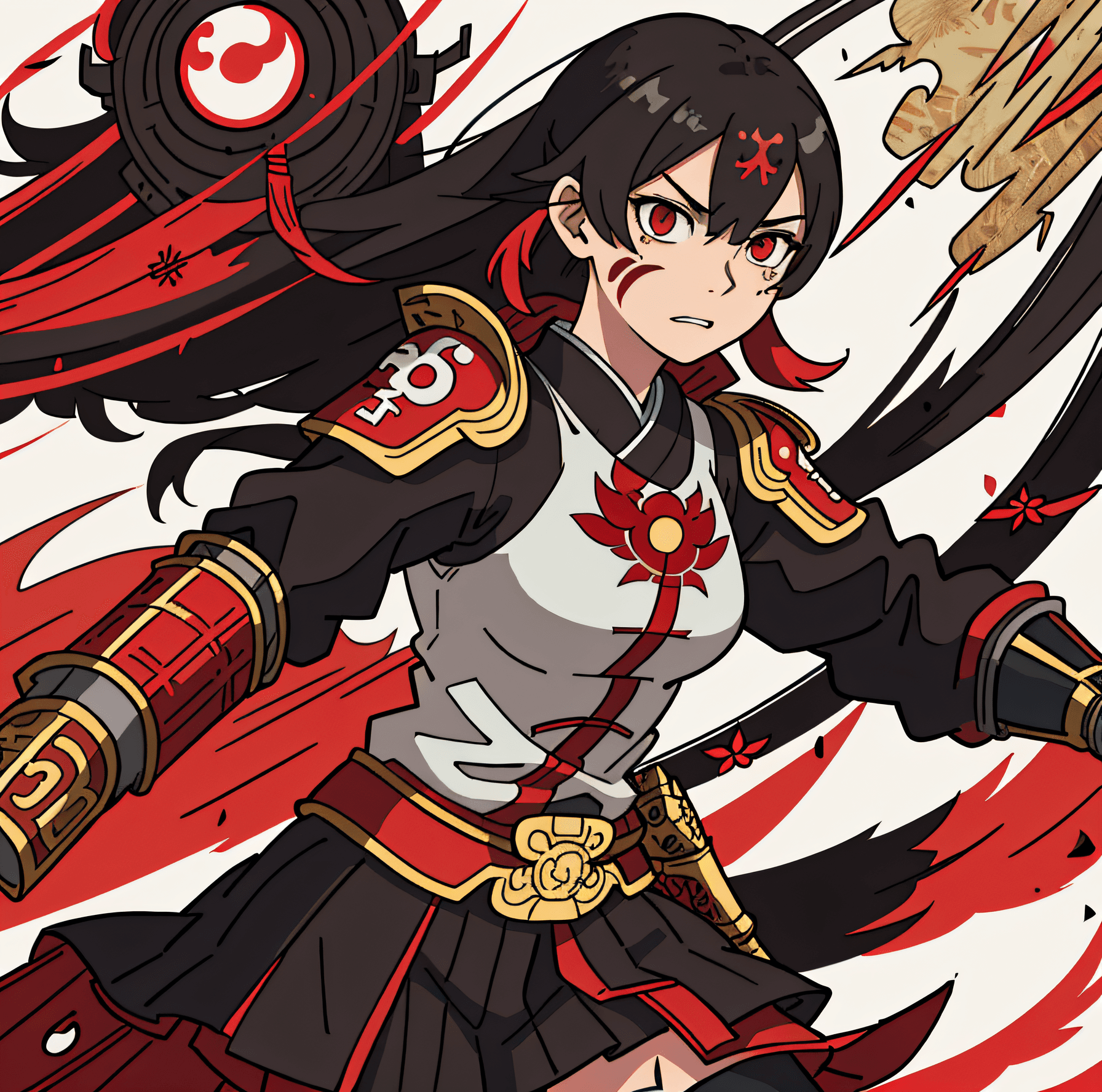 AI generated: beautiful anime girl.medium boobs in black-red-white samurai armour, on a battlefield, Chinese field...