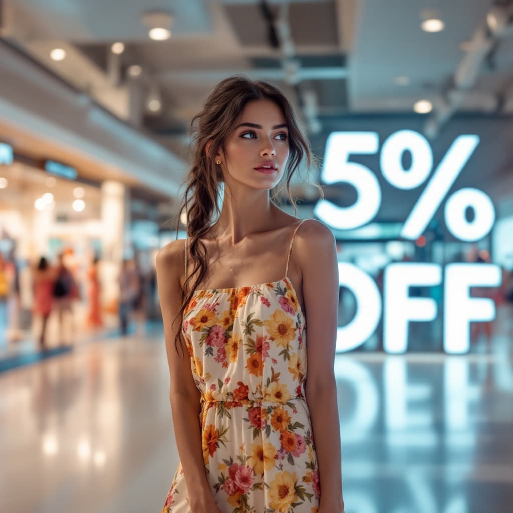 AI generated: /imagine prompt:
fashionable female model wearing summer dress in modern shopping mall,
giant 50% OF...