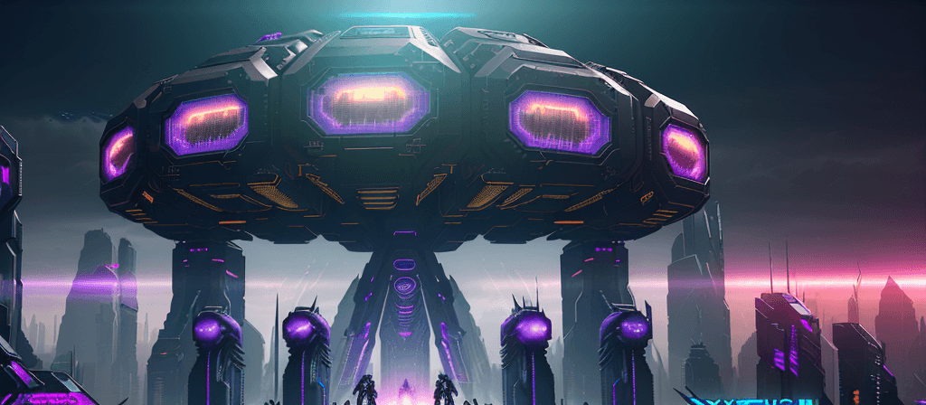 AI generated: cyberpunk style, futuristic, dystopian, population gathering below gigantic rectangular deep-onyx co...