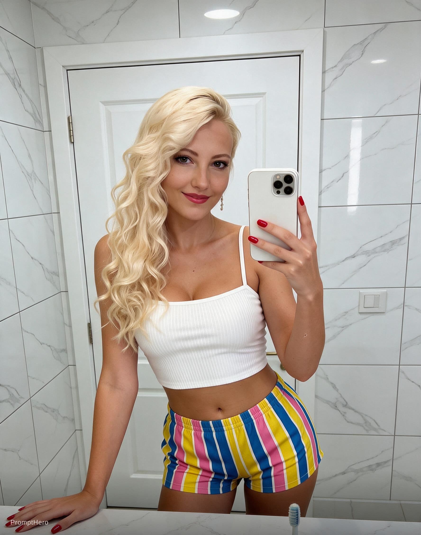 AI generated: Photorealistic 8k mirror selfie of a stunning 24-year-old blonde woman with long wavy platinum blond...