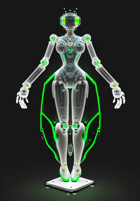AI generated:  fully transparent robot, concept design, award winning, polycarbonate, pcb, wires, electronics, ful...