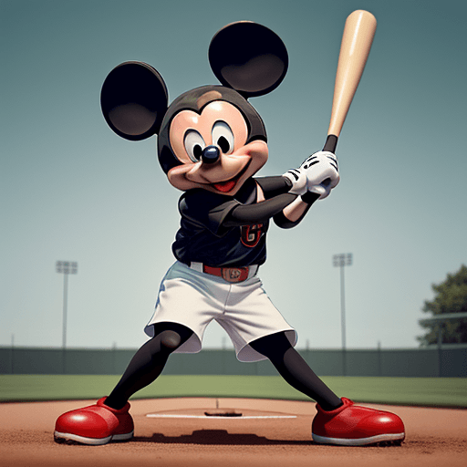 AI generated: Photo of a mickey mouse playing baseball full body swinging bat
