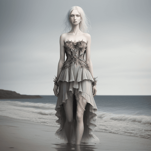 AI generated: a woman in a dress on the beach with water behind her, in the style of alexander mcqueen, multi-laye...
