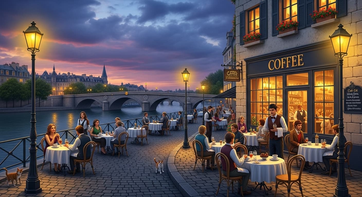 AI generated: A Parisian-style A coffee shop by the Seine river with tables and chairs outdoors.
A stone bridge o...