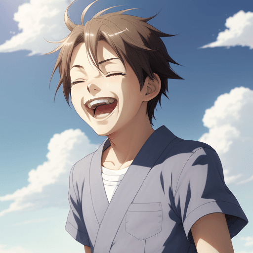AI generated: boy laughing, happy, eyes closed, background sky, clouds, anime style, high detail, face away from t...