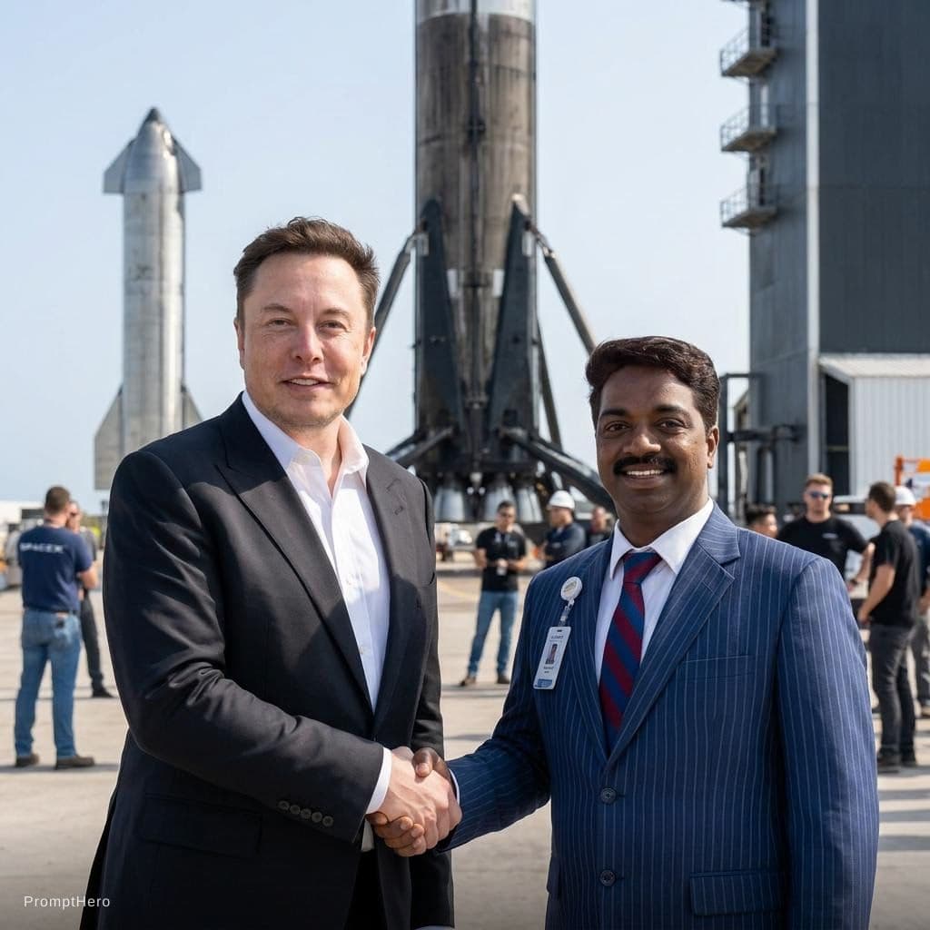 AI generated: with Elon Musk in front of a SpaceX rocket, professional setting