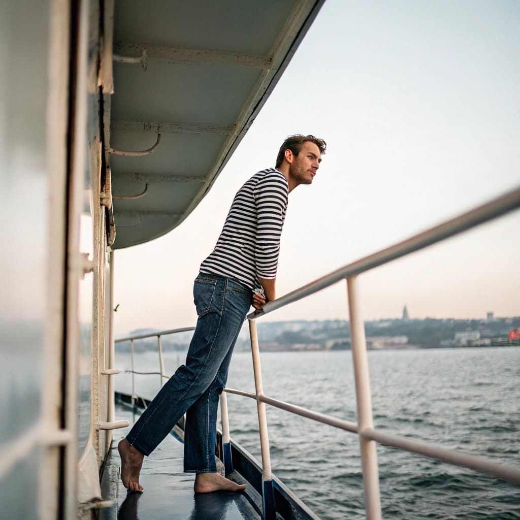 AI generated: create a image for this "A man standing on a boat deck, looking at the camera." in a striped shirt a...