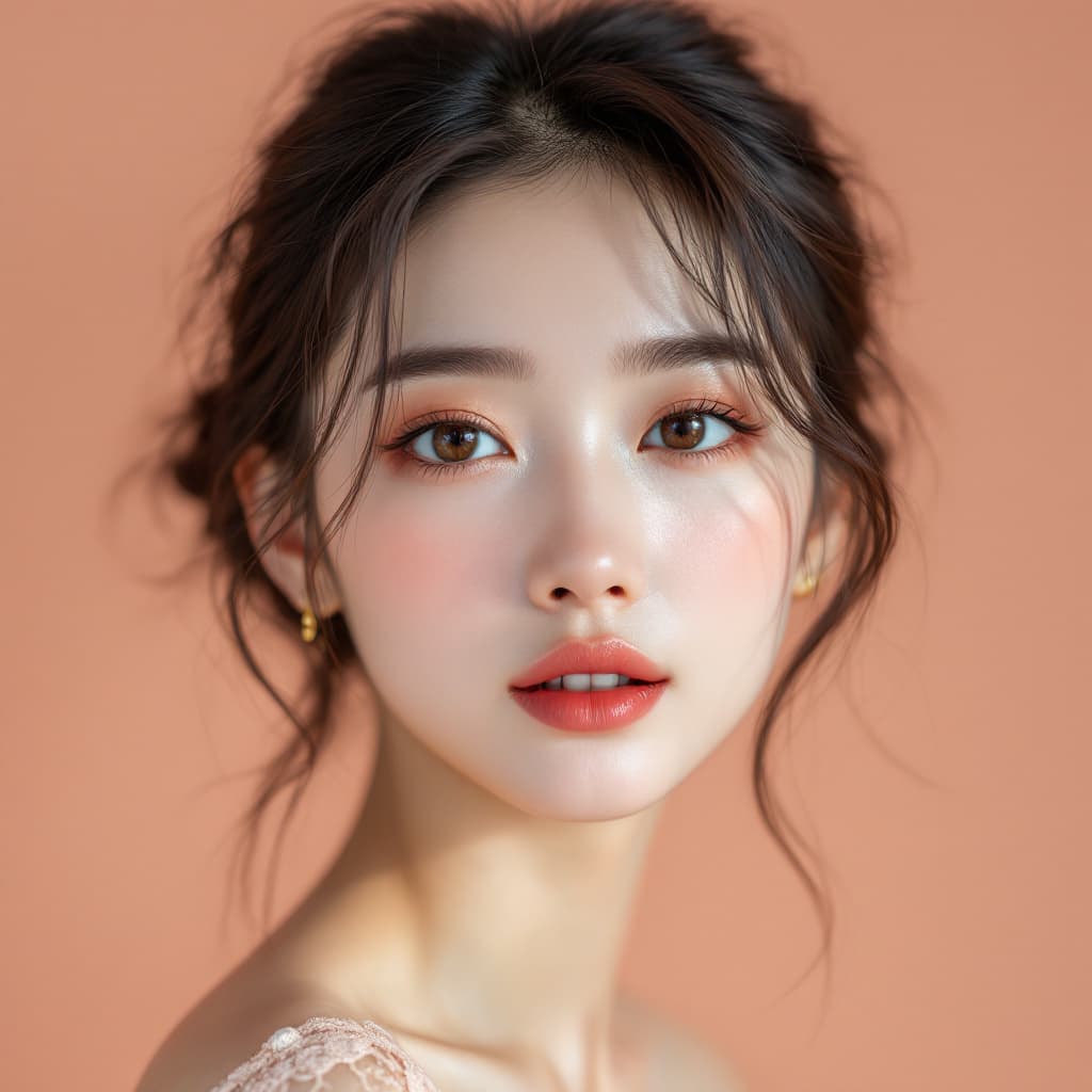 AI generated: A beautiful Chinese girl with brown hair in a low bun and light makeup, big eyes, peach pink backgro...