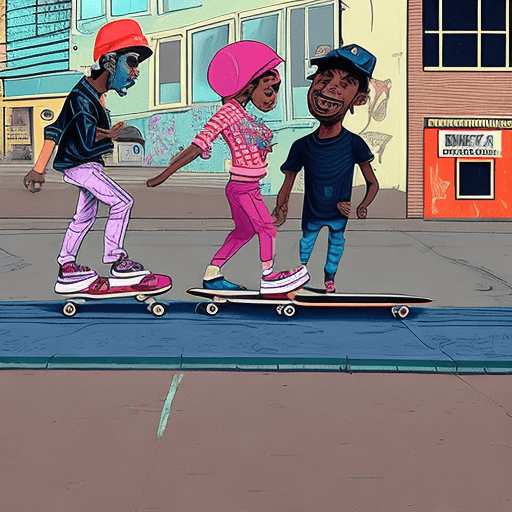 AI generated: skateboarding on street by rahi walker, in the style of cartoon-inspired pop, terrorwave, casey weld...