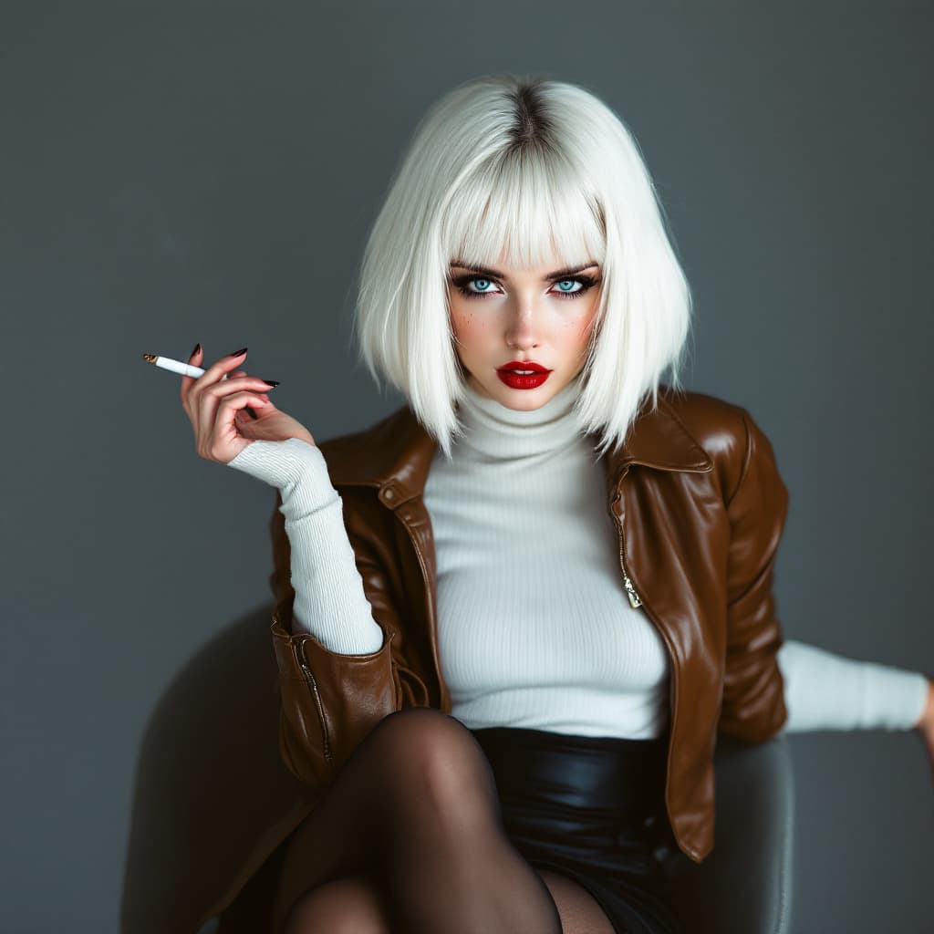 AI generated: pertty woman, white hair, bob cut, blue eyes, freckles, red lips, closed lips, white sweater, tight ...