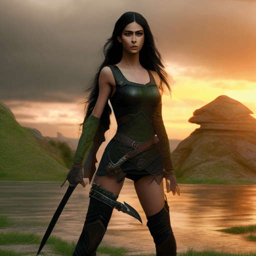 AI generated: Ultra realistic full body portrait of warrior beautiful young woman, perfect realistic green eyes, b...
