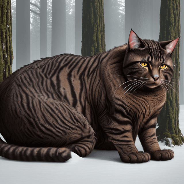 AI generated: side view of a nice, wise, gloomy,  giant,  brown very old cat resting  in a winter prehistoric fore...