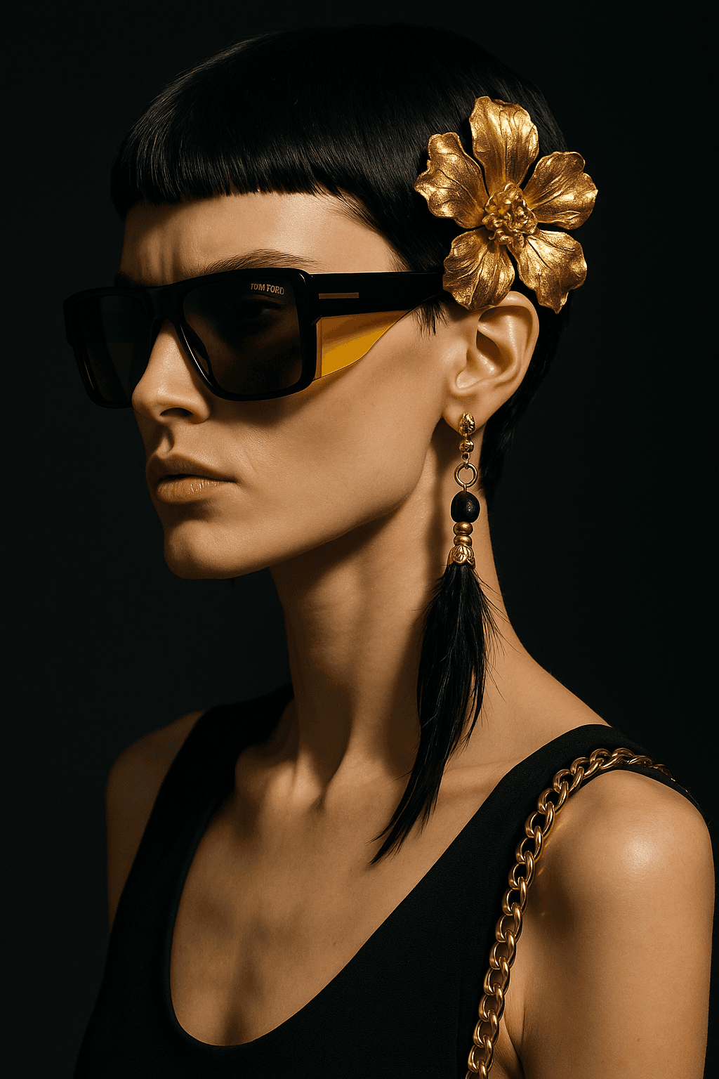 AI generated: A cinematic, high-fashion portrait of a model with a severe, short black haircut. She wears striking...