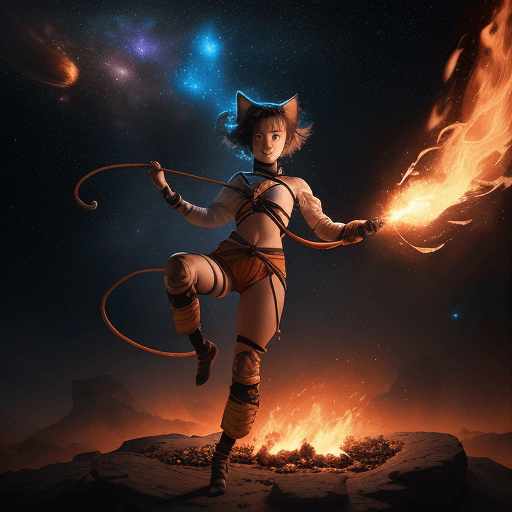AI generated: cinematic portrait of a young beautiful and cute female with a monkey's tail, small kitty ears and c...