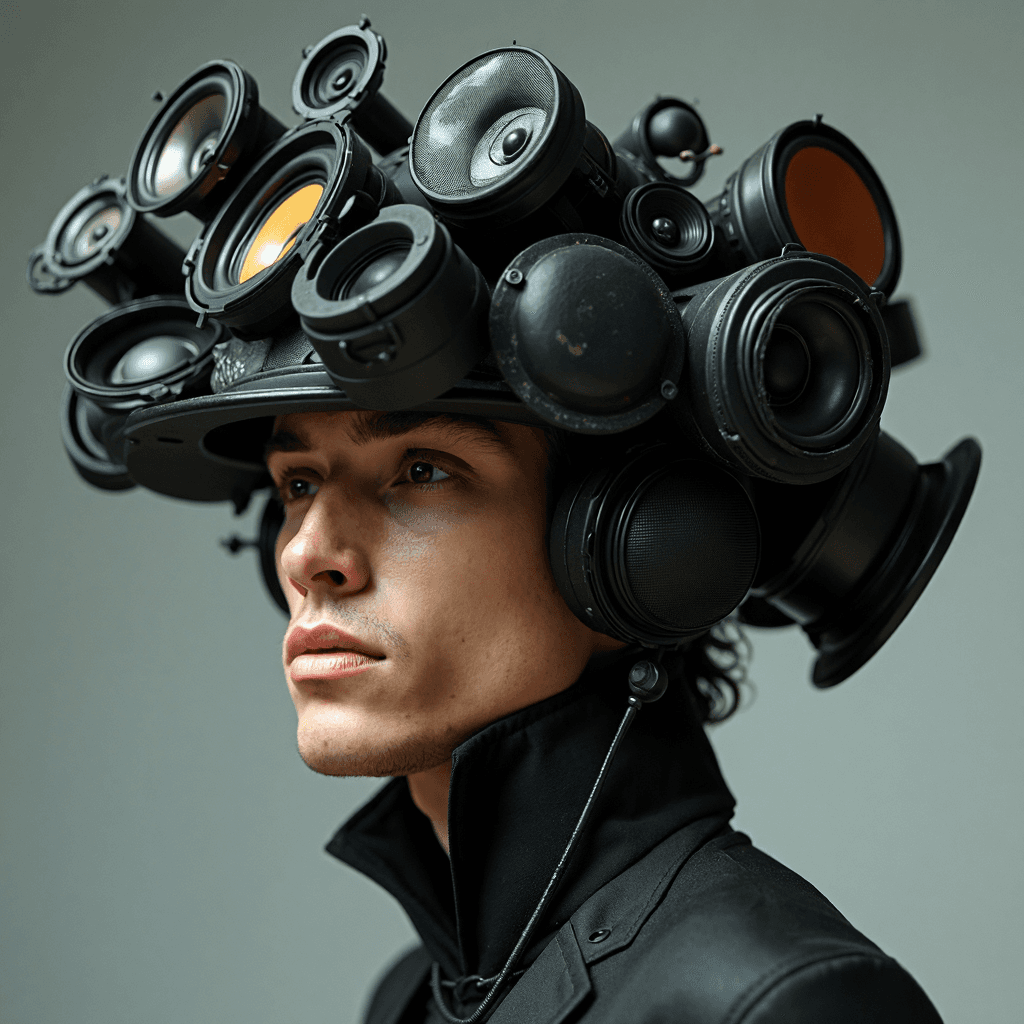 AI generated: gorgeous VOGUE male model wearing unusual hat resembling several speakers surrounding his head, a ha...