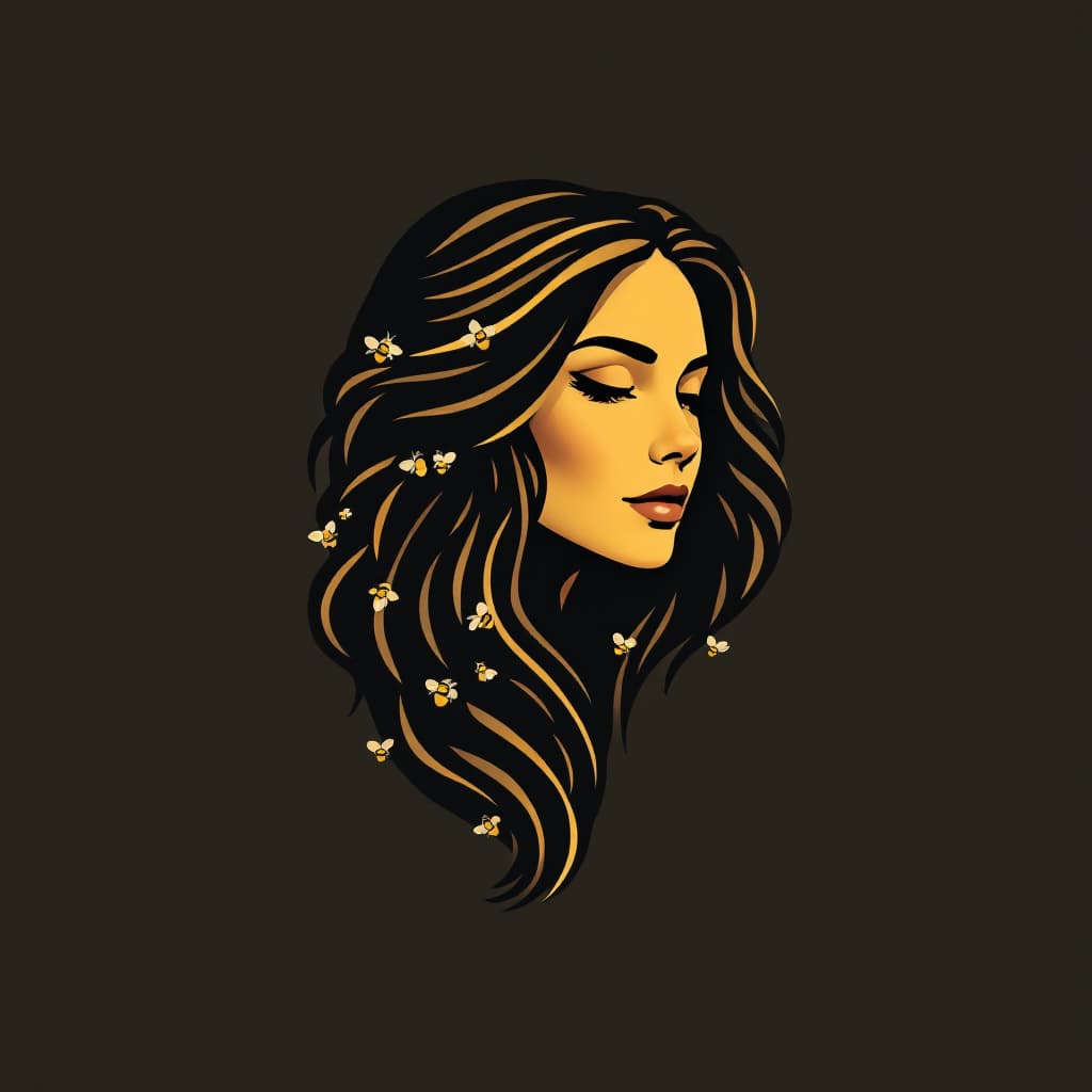 AI generated: Create a logo design minimalism featuring a stylized woman's face with hair Wavy hair with bees arou...