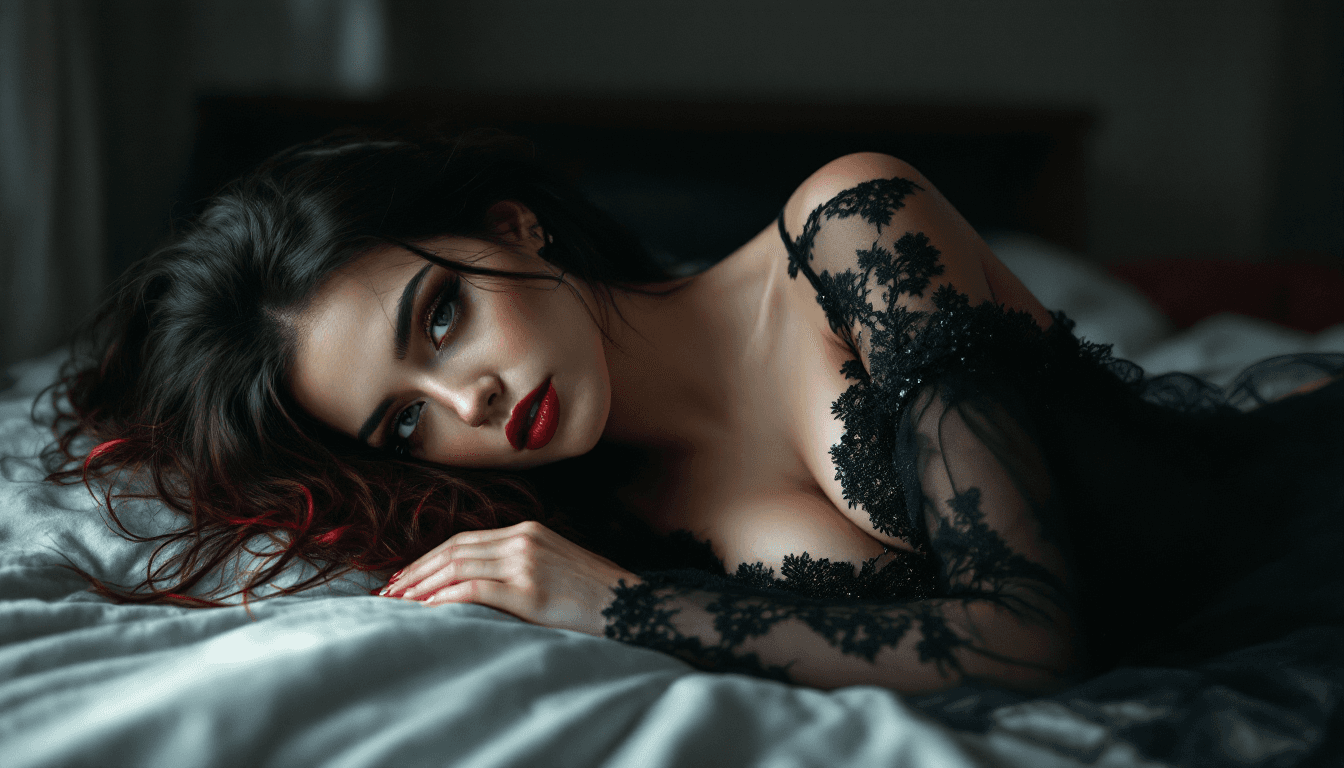 AI generated: Gothic girl, intimate photoshoot, wearing black and red see through gown laying on her bed, hair flo...