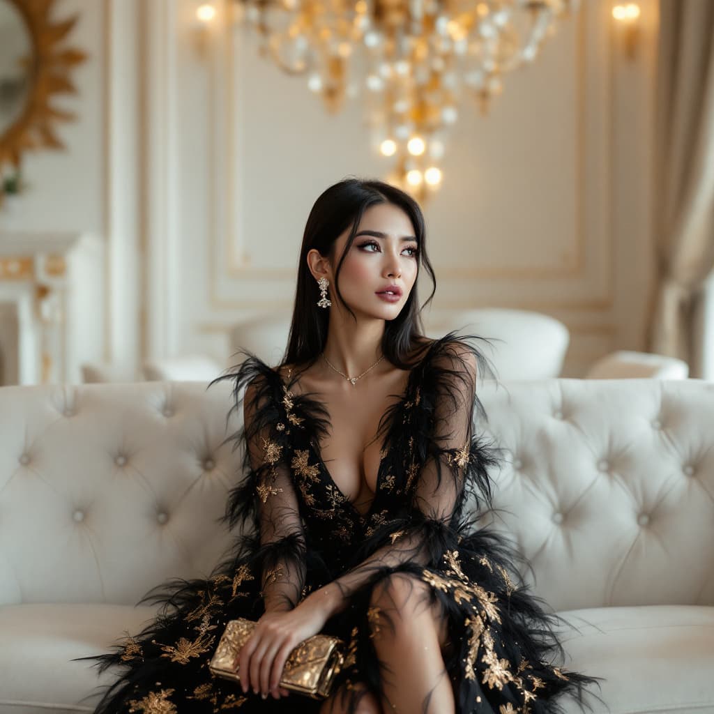 AI generated: cinematic shot, a beautiful desperate Asian dressed in chic exquisite black and gold sheer feather d...