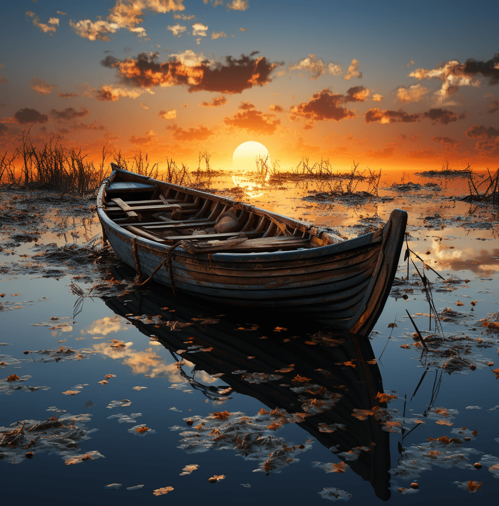 AI generated: a boat sitting in the water during sunset, in the style of agostino arrivabene, calm and serene beau...