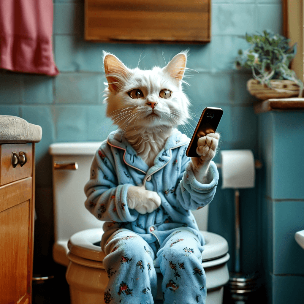 AI generated: strong dramatization, anthropomorphic real white cat wearing light blue pajamas with pattern, sittin...