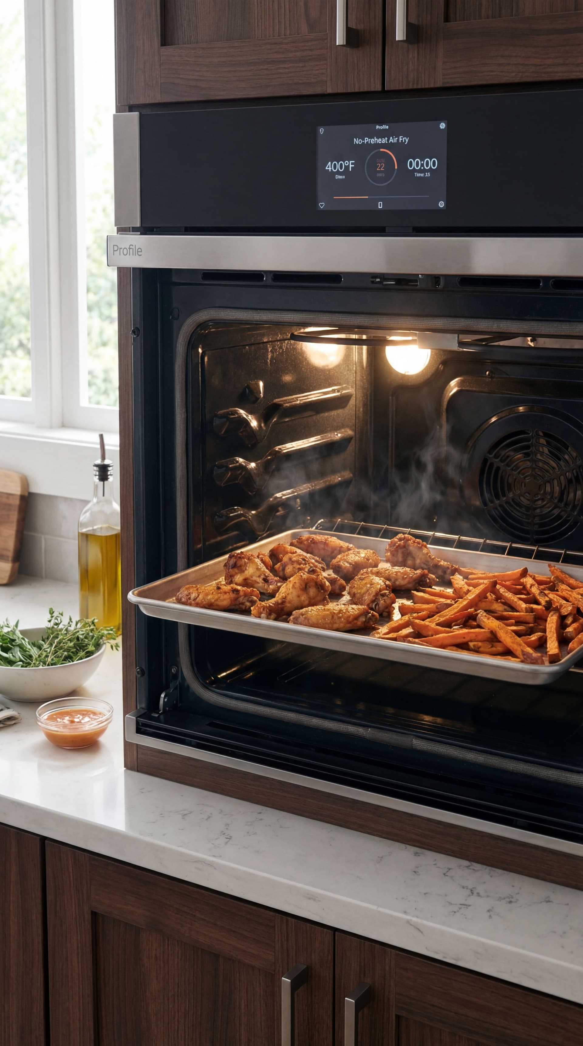 AI generated: Make lifestyle photo make it into lifestyle GE Profile smart built-in wall ovens with No-Preheat Air...