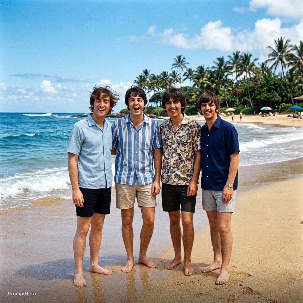 AI generated: with the beatles at a tropical beach, sunny day, both smiling