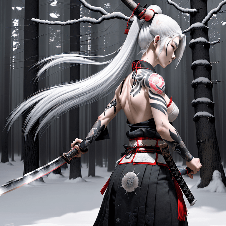 AI generated: In Japan, Akane, a samurai with her beautiful snow-white hair mysteriously tattooed, is called upon ...