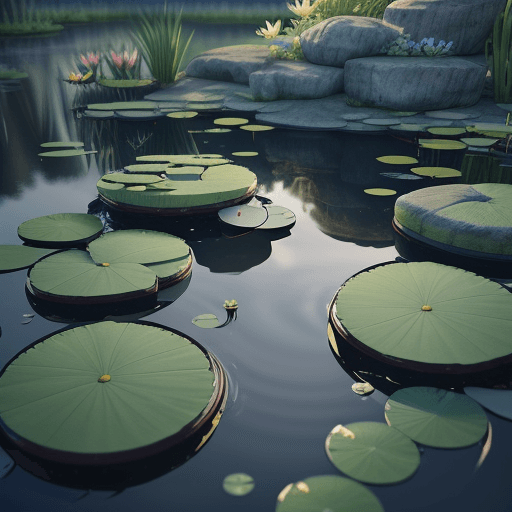 AI generated: a pond with water lilies and rocks in it, a digital rendering by Wu Wei, shutterstock contest winner...