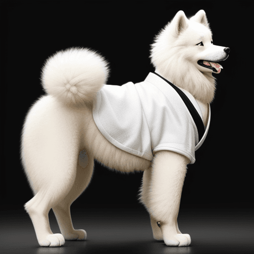 AI generated: samoyed dog standing on his 2 back legs wearing a judogi on a black background