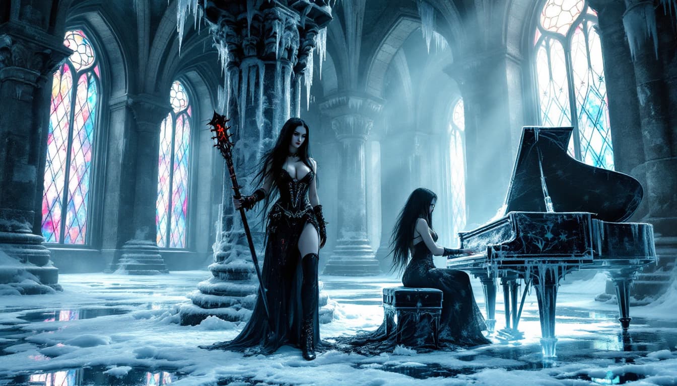 AI generated: In a grand, frost-covered castle hall, the gothic guitarist with big breasts stands near a towering ...